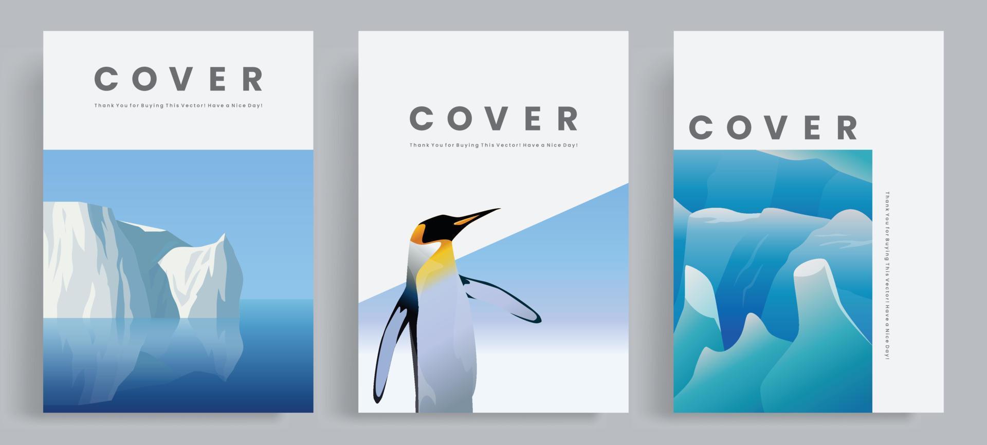 minimalistische naturthemenbuch-cover-vorlagensammlung. mit antarktischer landschaftsvektorillustration, gletscher, pinguin und eisberg. vektor