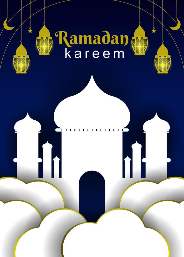 ramadan fasta månad hälsning kort design, islamic affisch design med lyktor, moln och moskéer vektor