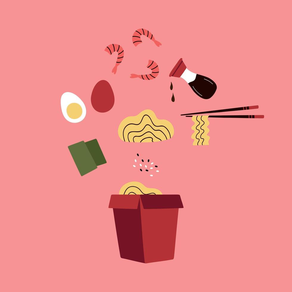 japanisches nudelrezept im handgezeichneten stil. asiatische Speisen für Restaurantmenüs vektor