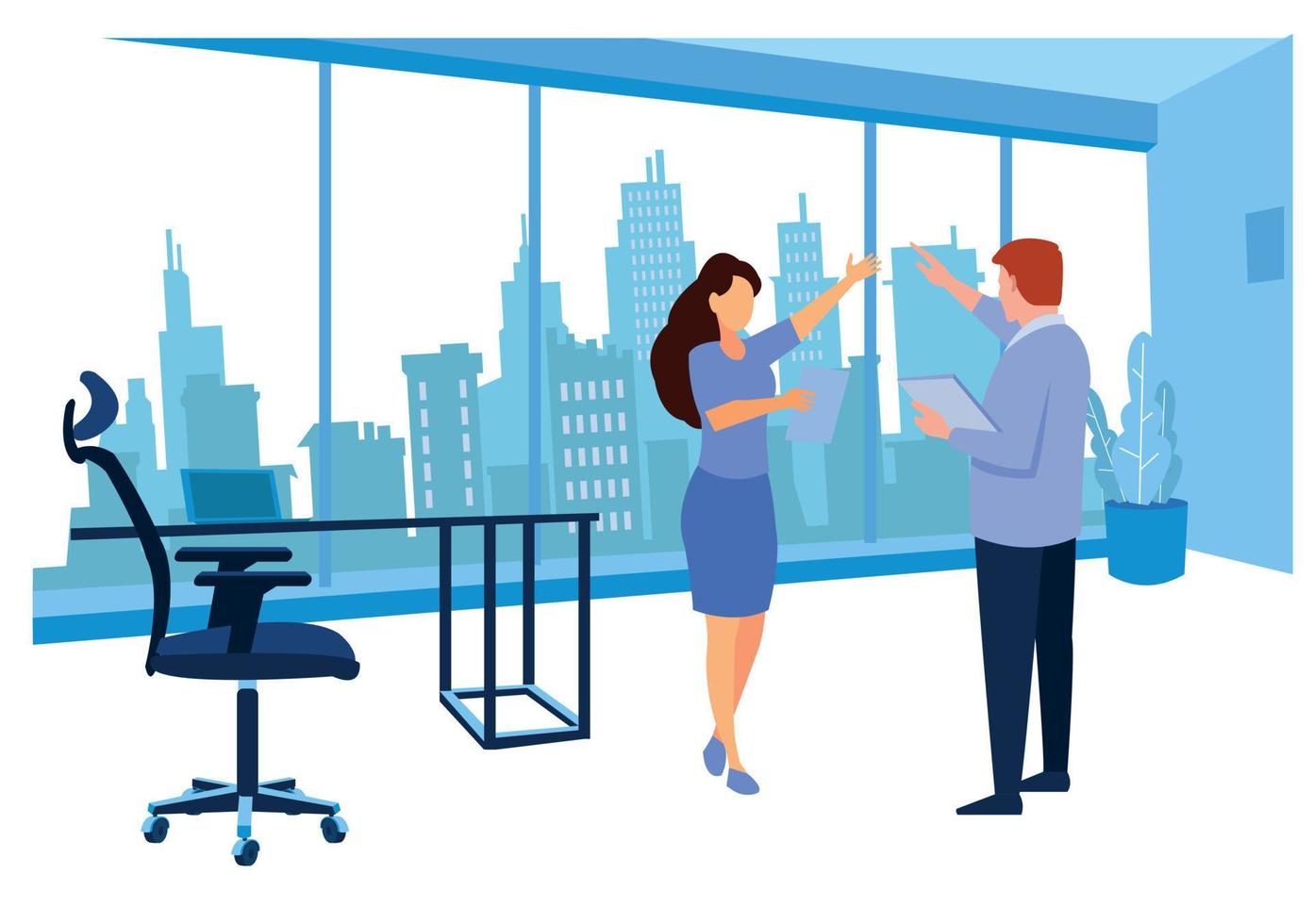 Teamwork-Konzept für Büromitarbeiter. Kommunikation und Brainstorming. bunte flache illustration. vektor