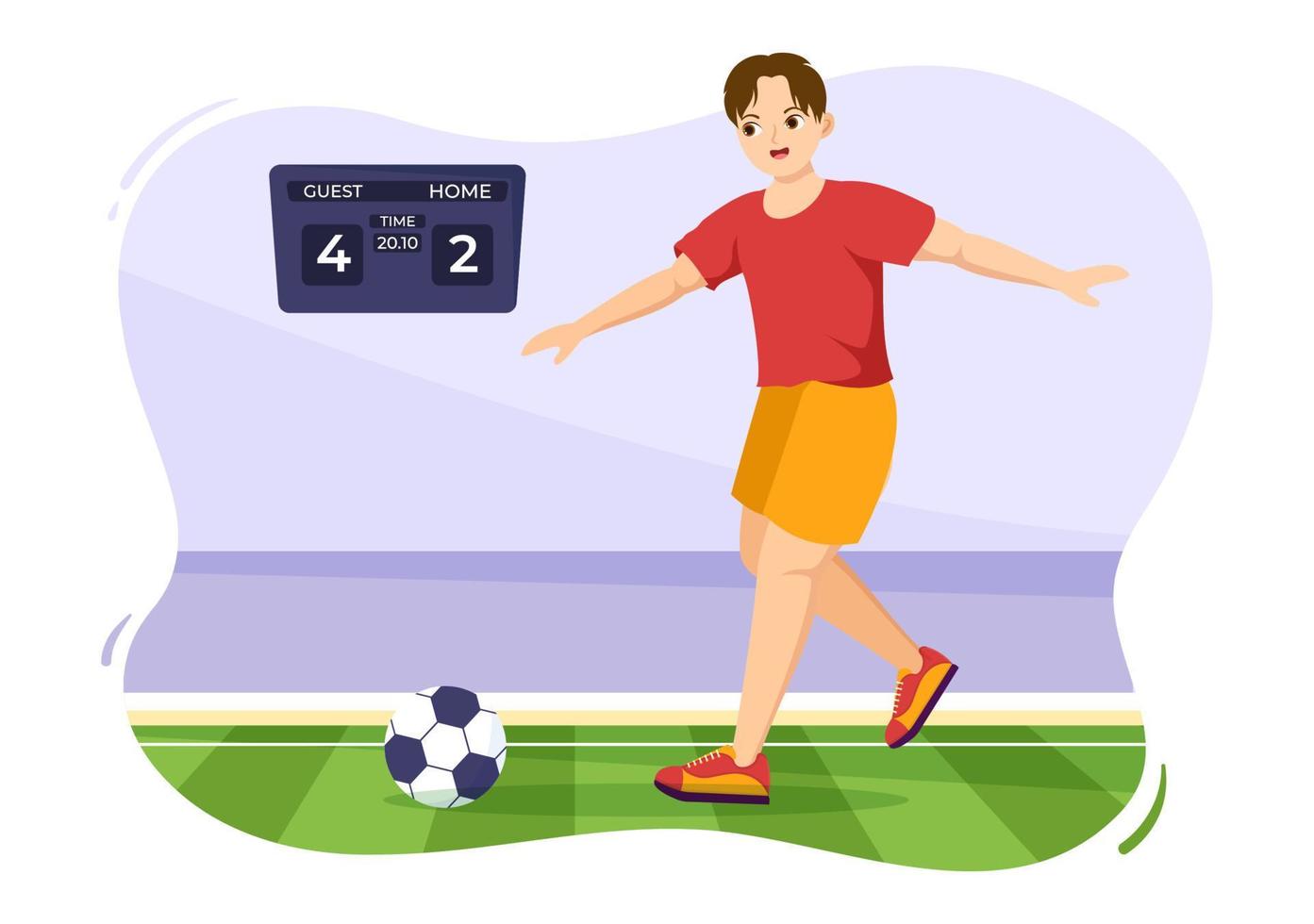 futsal-, fußball- oder fußballsportillustration mit spielern, die einen ball schießen und in einer handgezeichneten vorlage einer meisterschaftssport-flachkarikatur dribbeln vektor