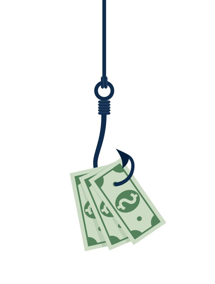 fiskkrok företag begrepp - pengar symbol som fälla. bedrägeri, en fälla på de krok. illustration i platt stil. vektor