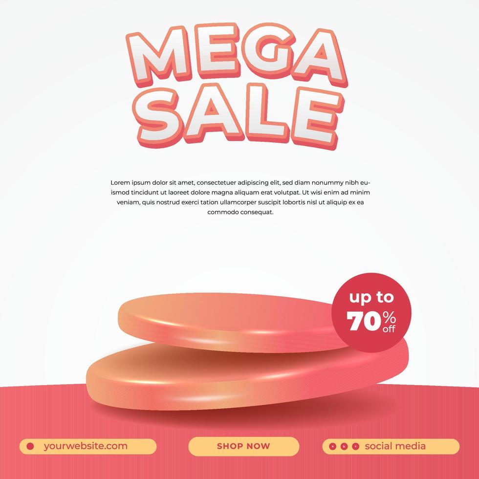 Mega-Verkaufsangebot Promo-Flash-Rabatt-Flyer Social-Media-Promotion mit rotem Float-Podium-Bühnenproduktdisplay mit weißem Hintergrund vektor