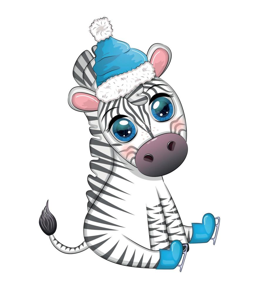 söt zebra i en hatt och scarf, vinter. vilda djur och växter högtider tecknad serie karaktär vektor