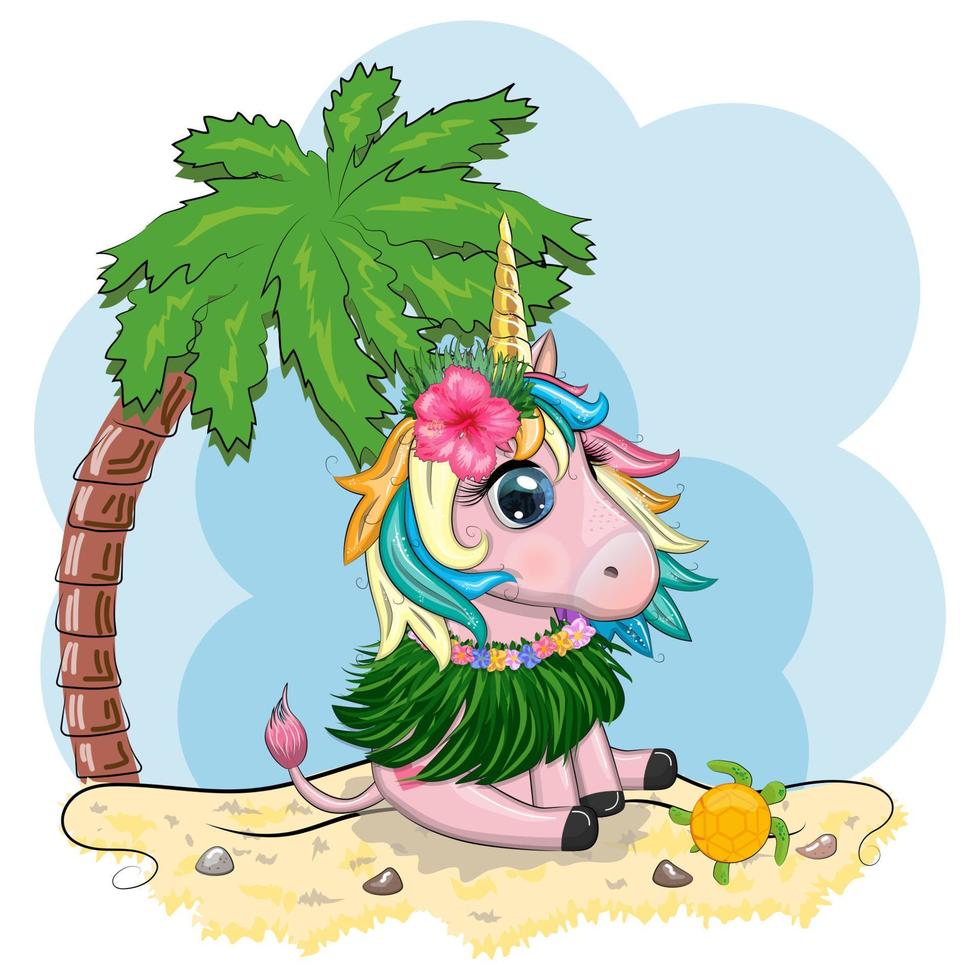 söt tecknad serie enhörning klädd som en hula dansare, hawaii, redo till gå karaktär. sommar, hav, handflatan träd, strand vektor
