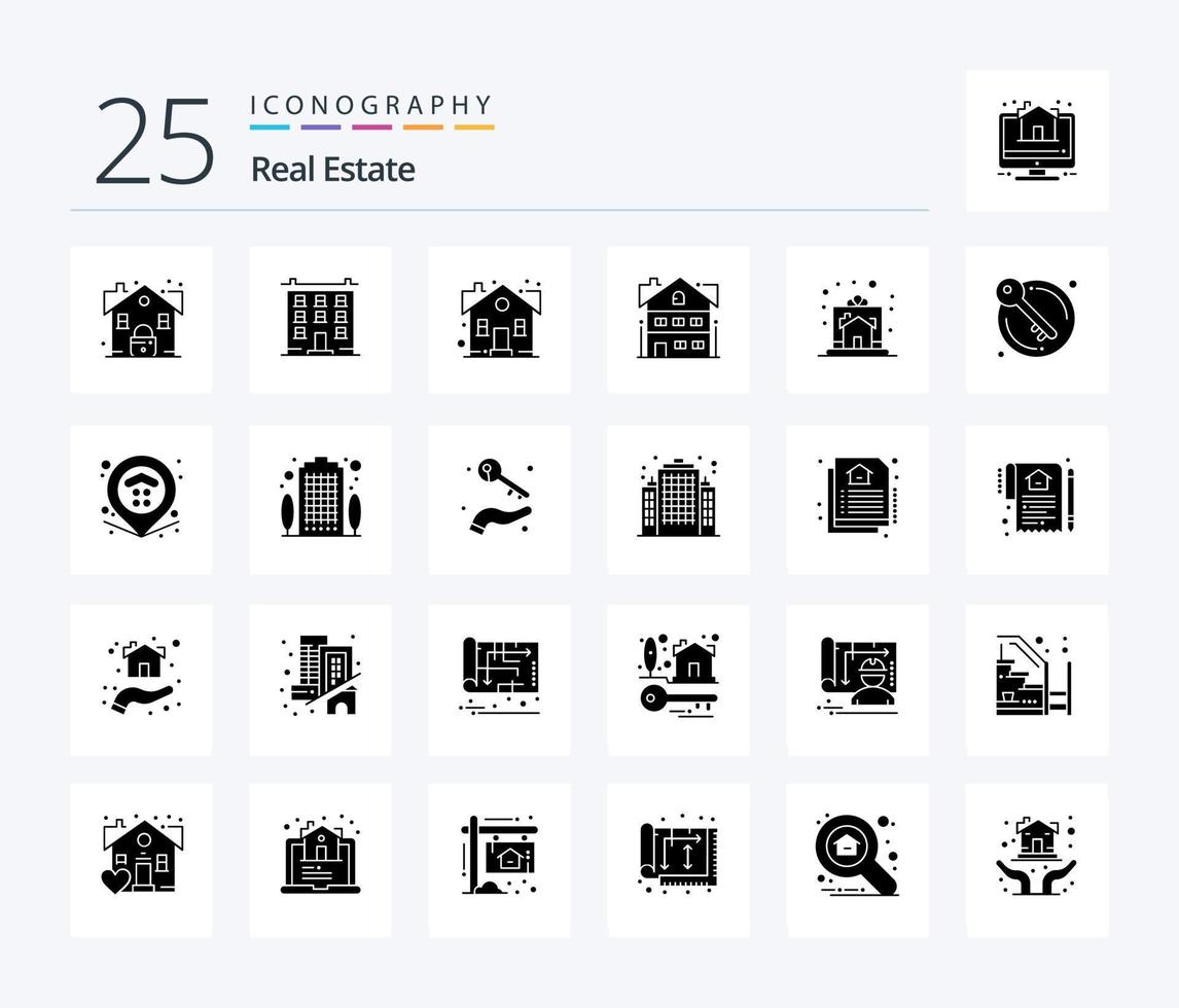 Immobilien 25 solides Glyphen-Icon-Paket, einschließlich Zuhause. Wohnung. Haus. Haus. süßes Zuhause vektor