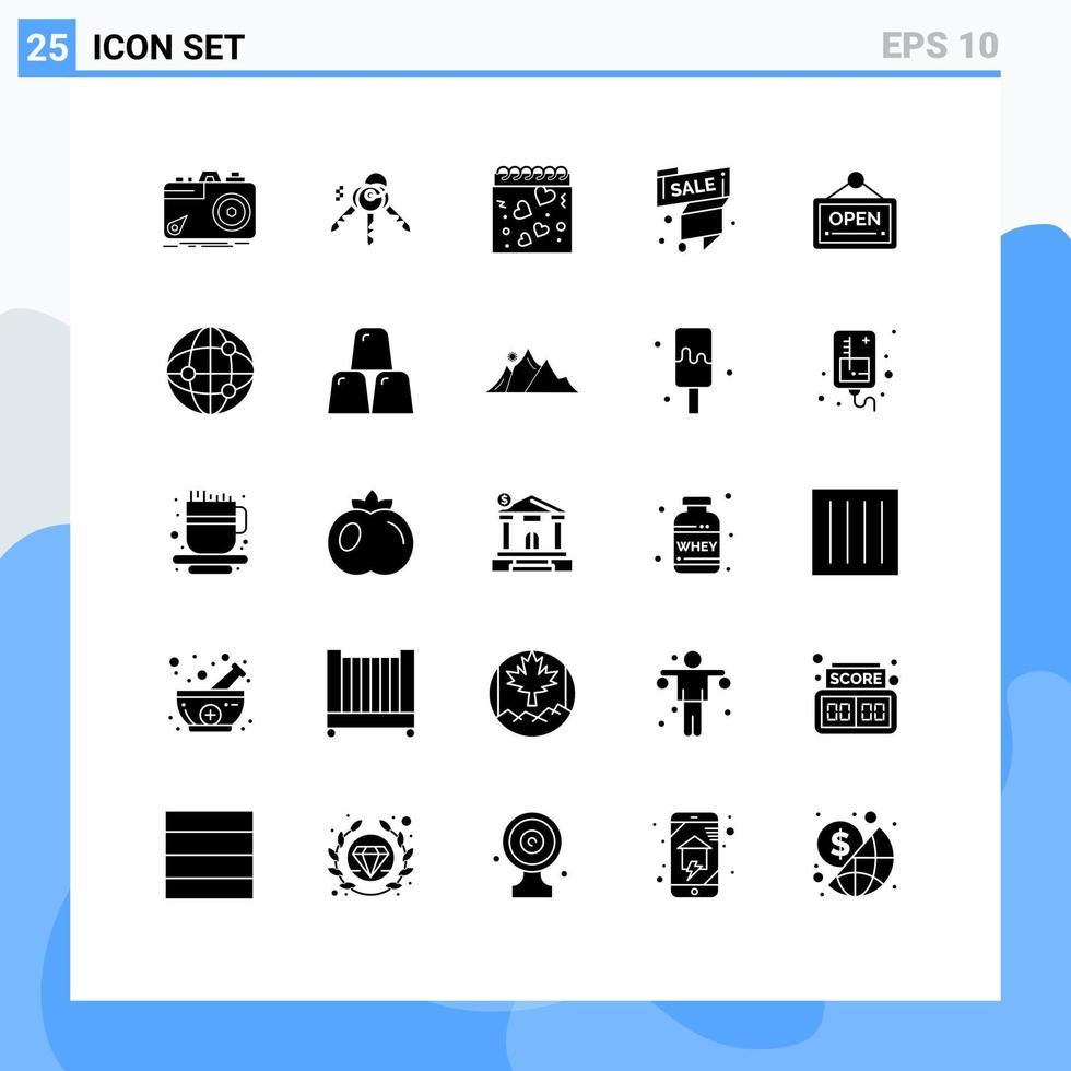Mobile Schnittstelle solider Glyph-Satz von 25 Piktogrammen von bearbeitbaren Vektordesign-Elementen für offene Verkaufstagskalender-Verkaufsetiketten vektor