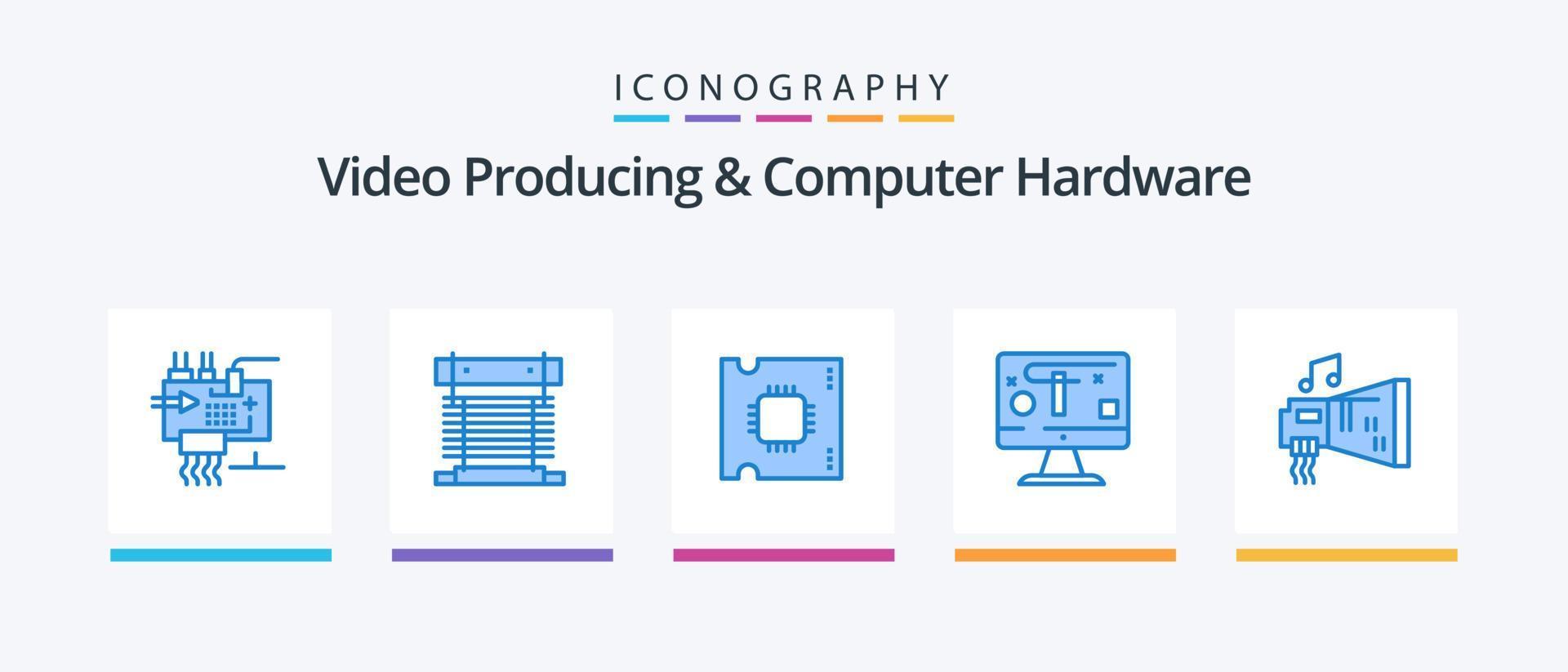 video producerar och dator hårdvara blå 5 ikon packa Inklusive grafik. design. cpu. dator. processor. kreativ ikoner design vektor