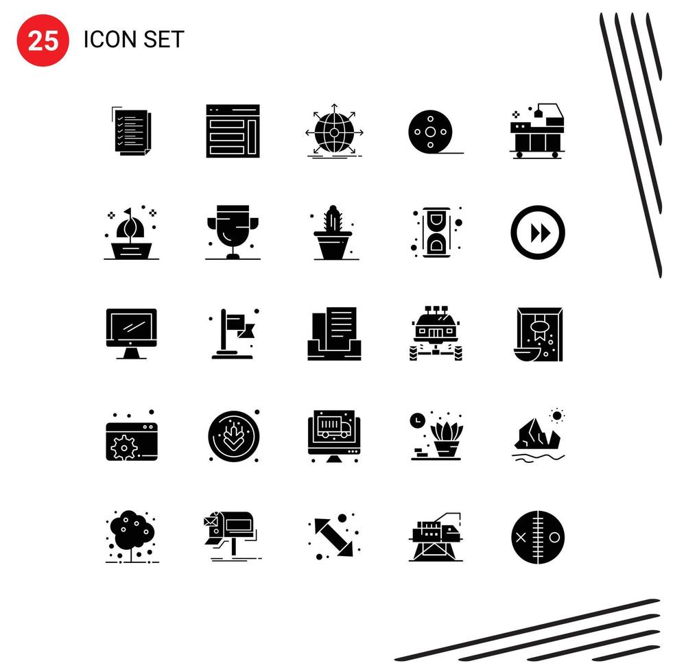 Stock Vector Icon Pack mit 25 Zeilenzeichen und Symbolen für bearbeitbare Vektordesign-Elemente des Reel-Film-Benutzeralbum-Netzwerks