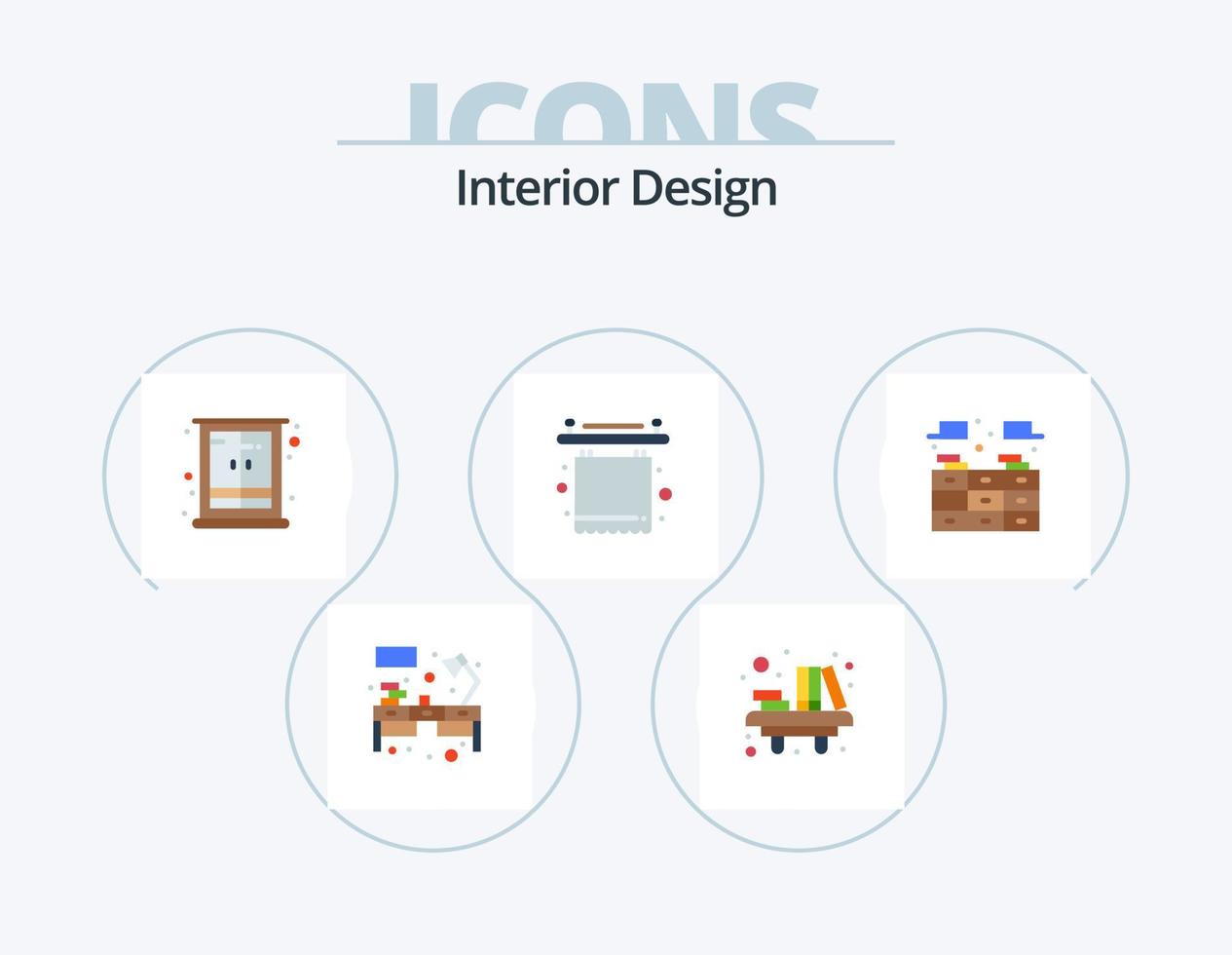Innenarchitektur flach Icon Pack 5 Icon Design. Innere. Vorhänge. Tisch. Bad. Kleiderschrank vektor