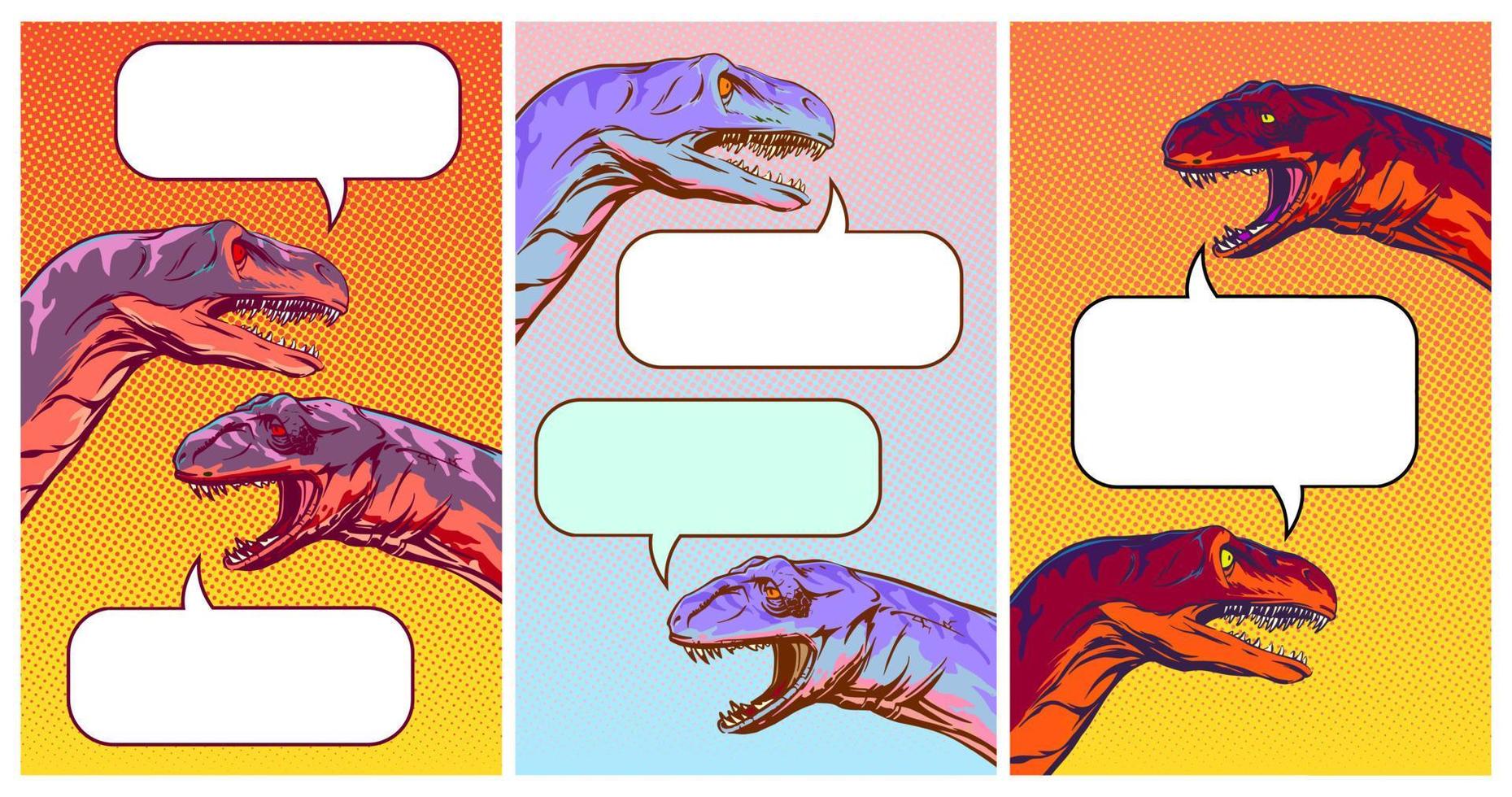 Reihe vertikaler Hintergründe mit sprechenden Dinosauriern im Comic-Stil, lustige Illustration des Dialogs in sozialen Medien. Vektor-Cliparts vektor