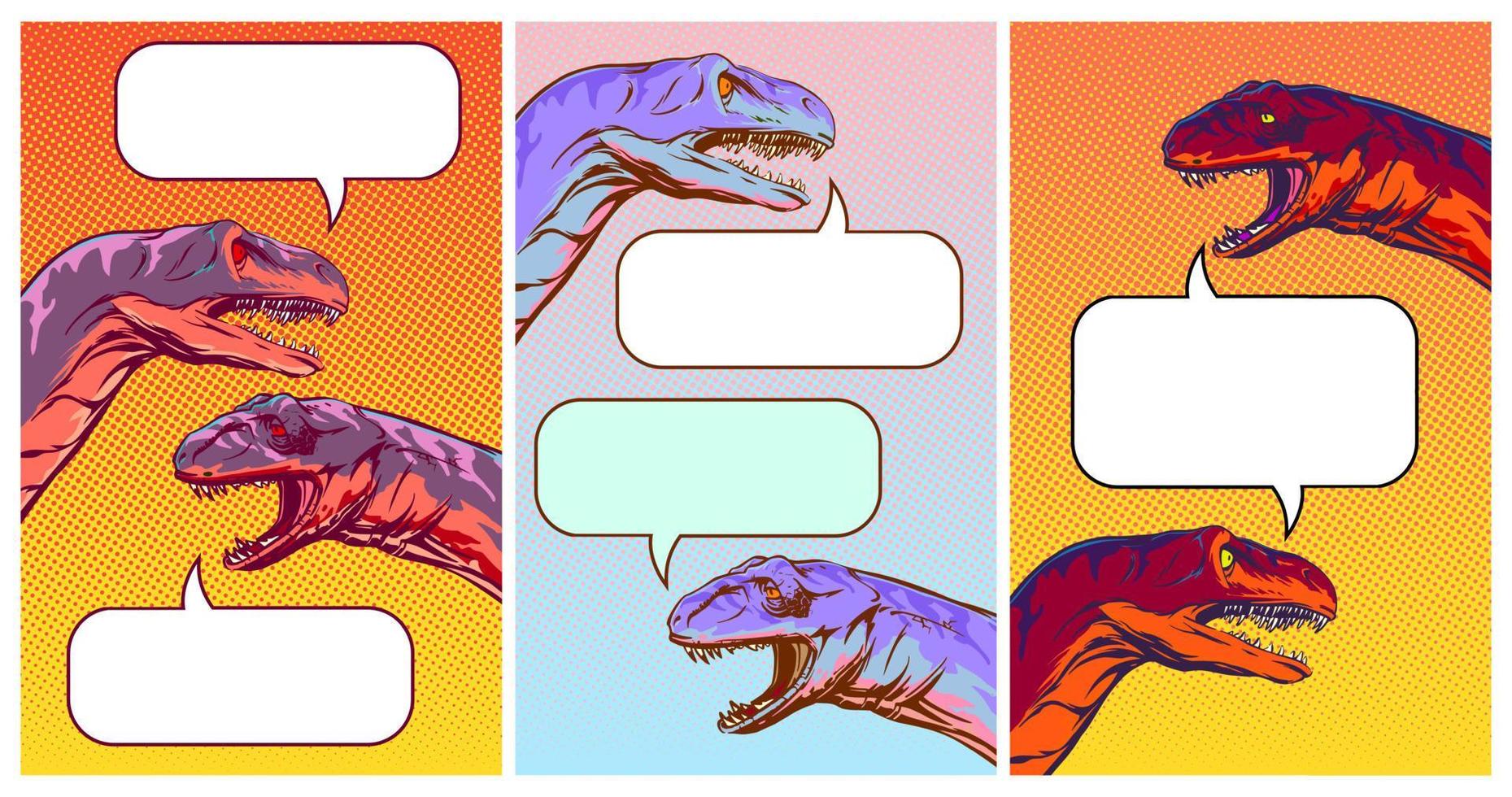 uppsättning av vertikal bakgrunder med talande dinosaurier i komisk stil, rolig illustration av social media dialog. vektorer ClipArt