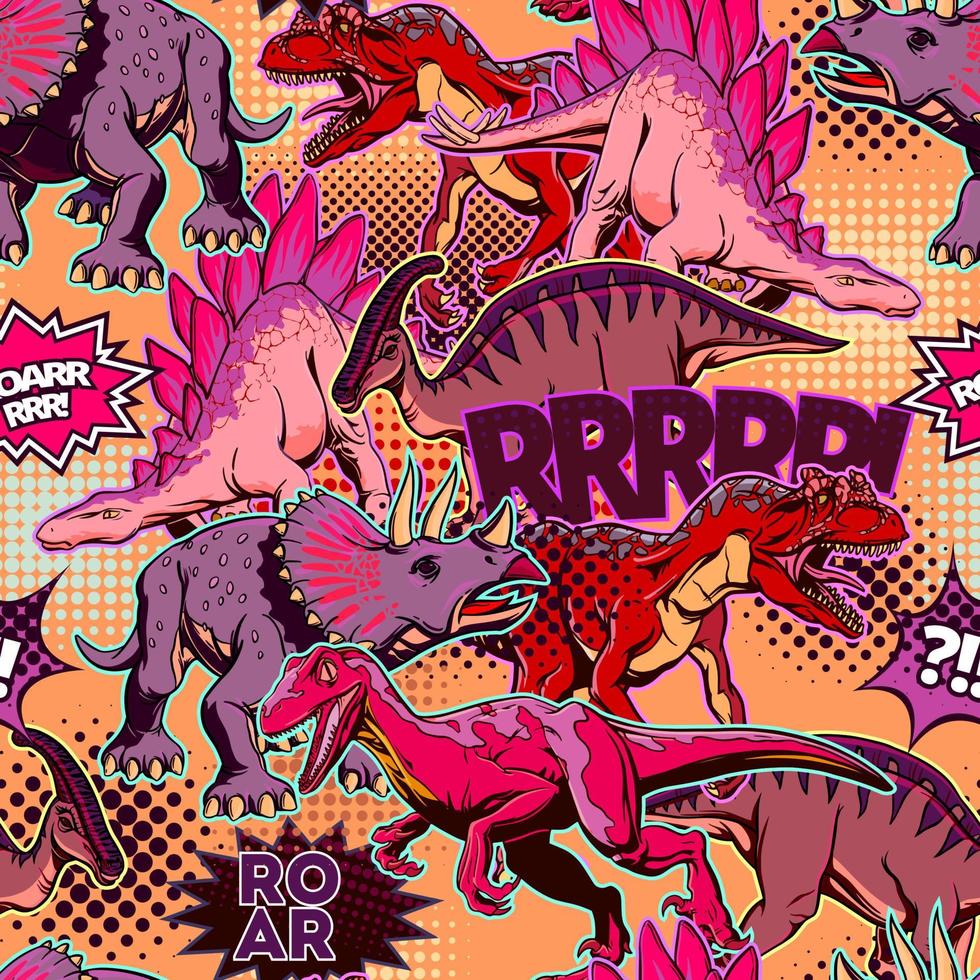 Mehrfarbiges Muster von Dinosauriern im Stil der Pop-Art für Druck und Design. Vektor-Illustration. vektor