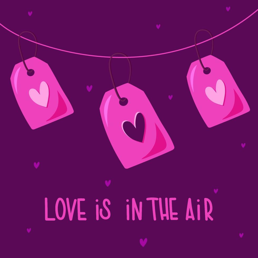 kärlek taggar på en tråd med en hjärta för valentines dag vykort. kärlek är i de luft. vektor