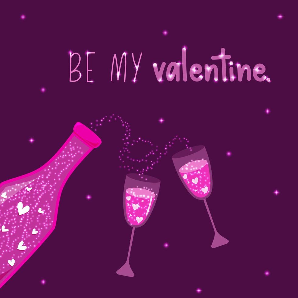 be my valentine poster mit rosa flasche mit ein paar gläsern mit leuchtenden sternen und herzen darin. handgezeichnete postkarte vektor