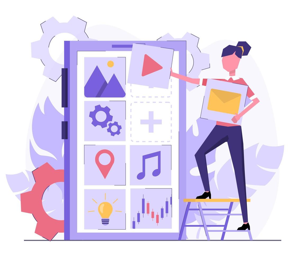 app utveckling. en programmerare utvecklare skapar ett Ansökan på de telefon. en kvinna sätter ikoner på de skärm vektor