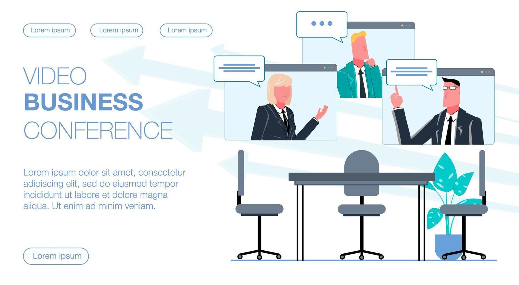 team av affärsmän och affärskvinna kommunicera via video länk, företag video konferens tar plats avlägset i de kontor platt vektor illustration