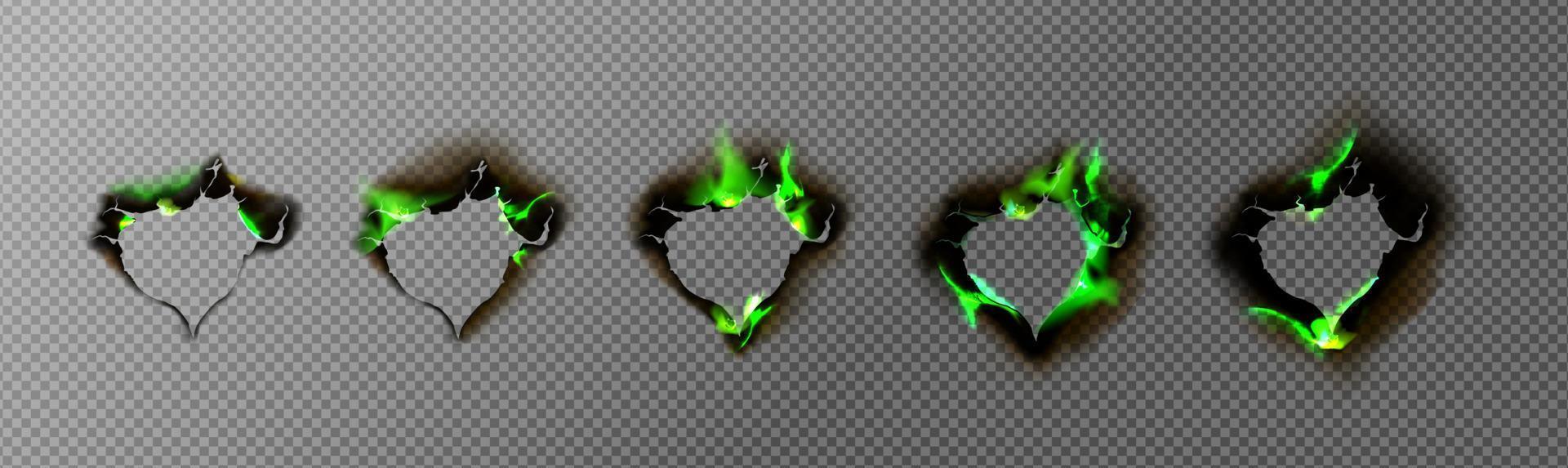verbrannte löcher im papier mit grünem feuer vektor