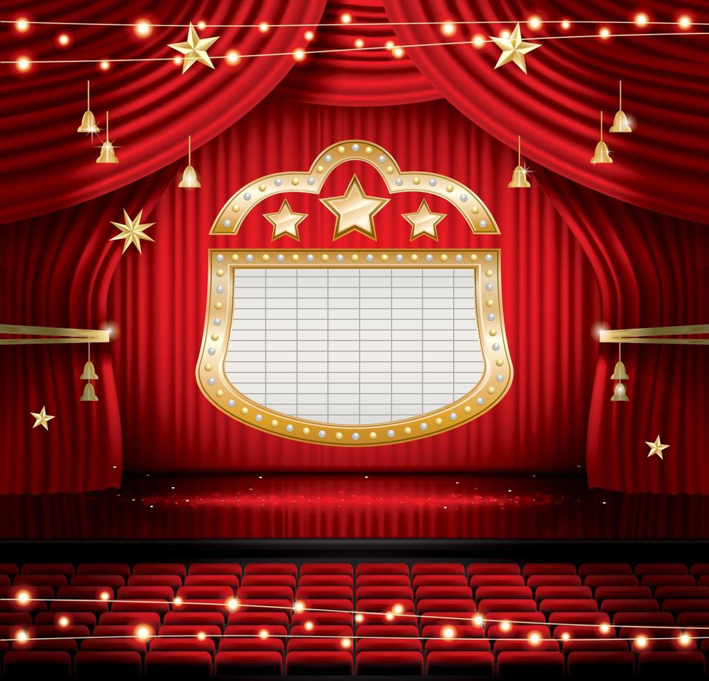 röd skede ridå med säten och strålkastare. vektor illustration. teater, opera eller bio scen. ljus på en golv.