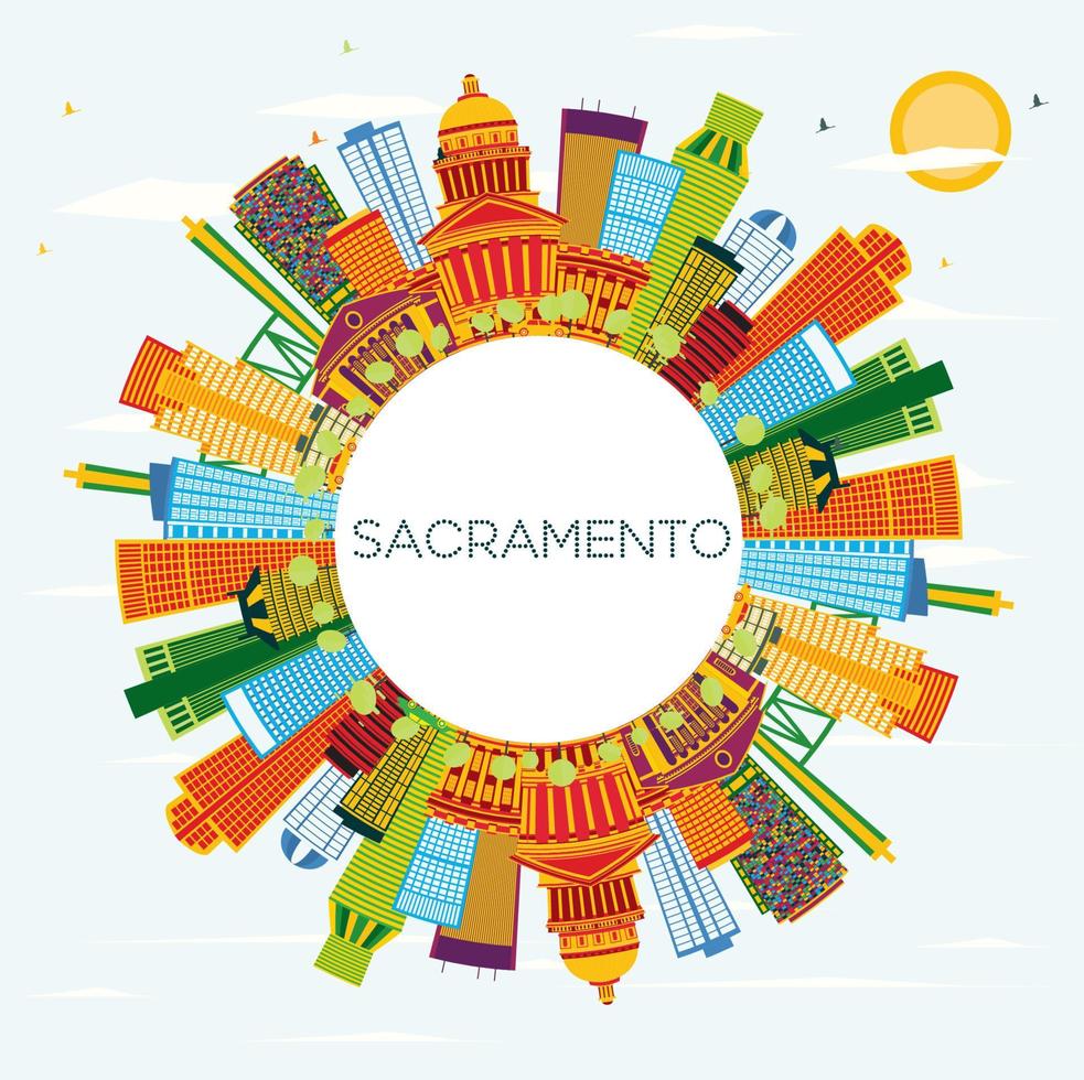 sacramento USA stad horisont med Färg byggnader, blå himmel och kopia Plats. vektor