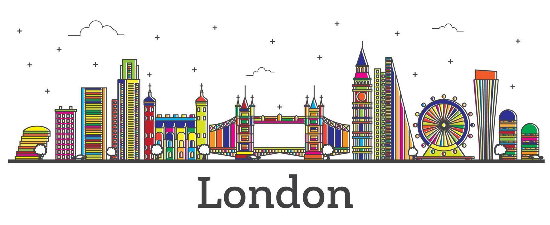 översikt London England stad horisont med Färg byggnader isolerat på vit. vektor