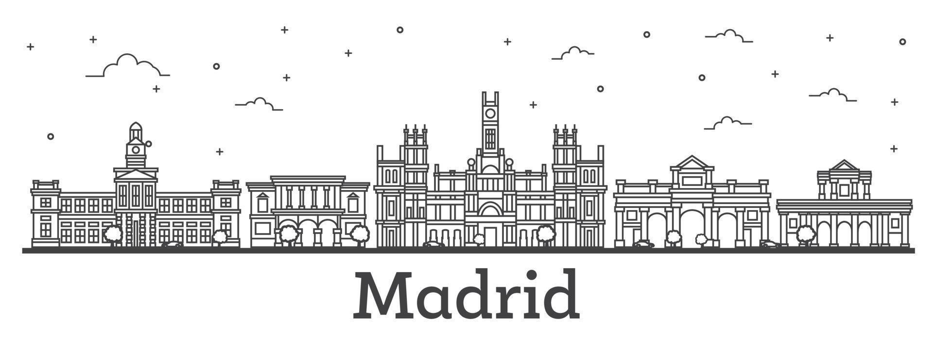 översikt madrid Spanien stad horisont med historisk byggnader isolerat på vit. vektor