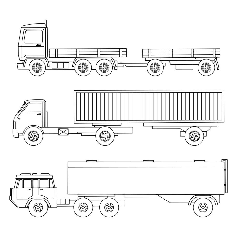 eine Reihe linear gezeichneter schwerer Lastwagen. Benzintanker. LKW mit Anhänger, Container. Vektor-Illustration vektor