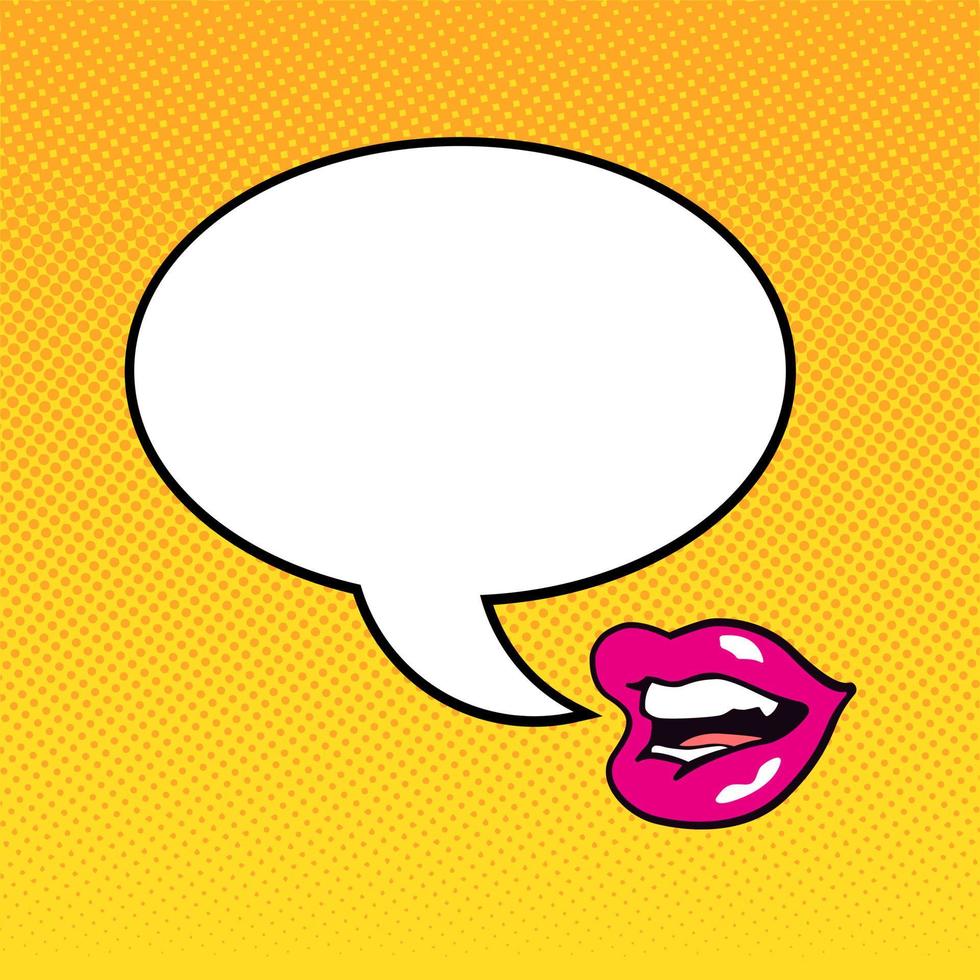 Sprechende weibliche Lippen mit einer Dialogwolke im Pop-Art-Stil. vektor