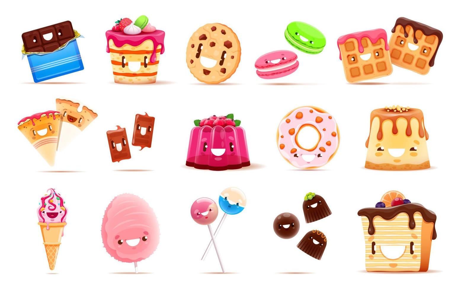 cartoon lustige süßigkeiten, desserts, bäckereifiguren vektor