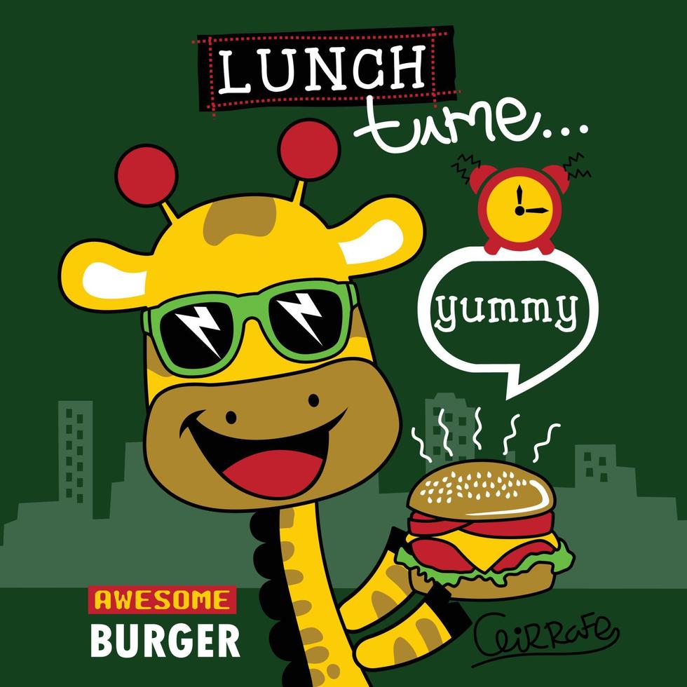 Häftigt giraff och burger rolig djur- tecknad serie vektor