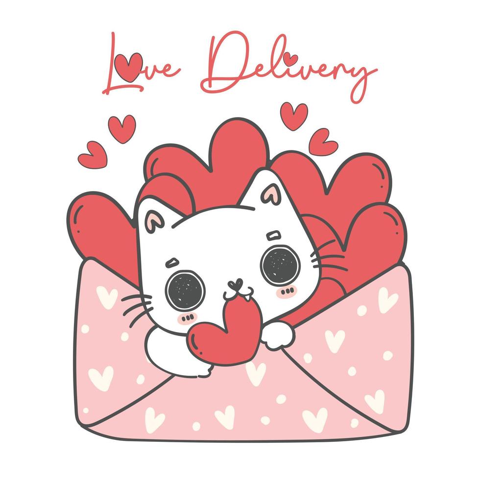 söt ljuv valentine vit kattunge katt i kärlek rosa kuvert med röd hjärtan tecknad serie djur- klotter hand teckning illustration vektor