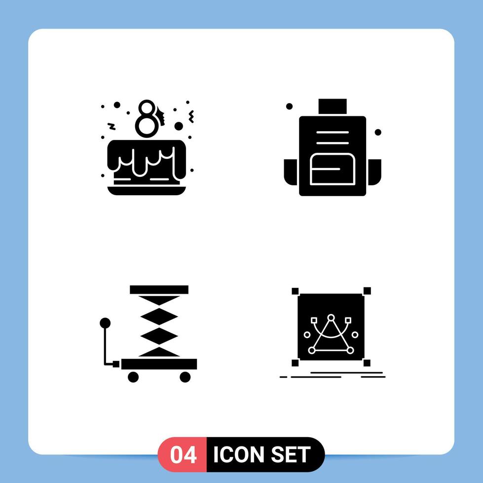 Stock Vector Icon Pack mit 4 Zeilen Zeichen und Symbolen für Kuchen Party Auto feiern Bag Lift editierbare Vektordesign-Elemente