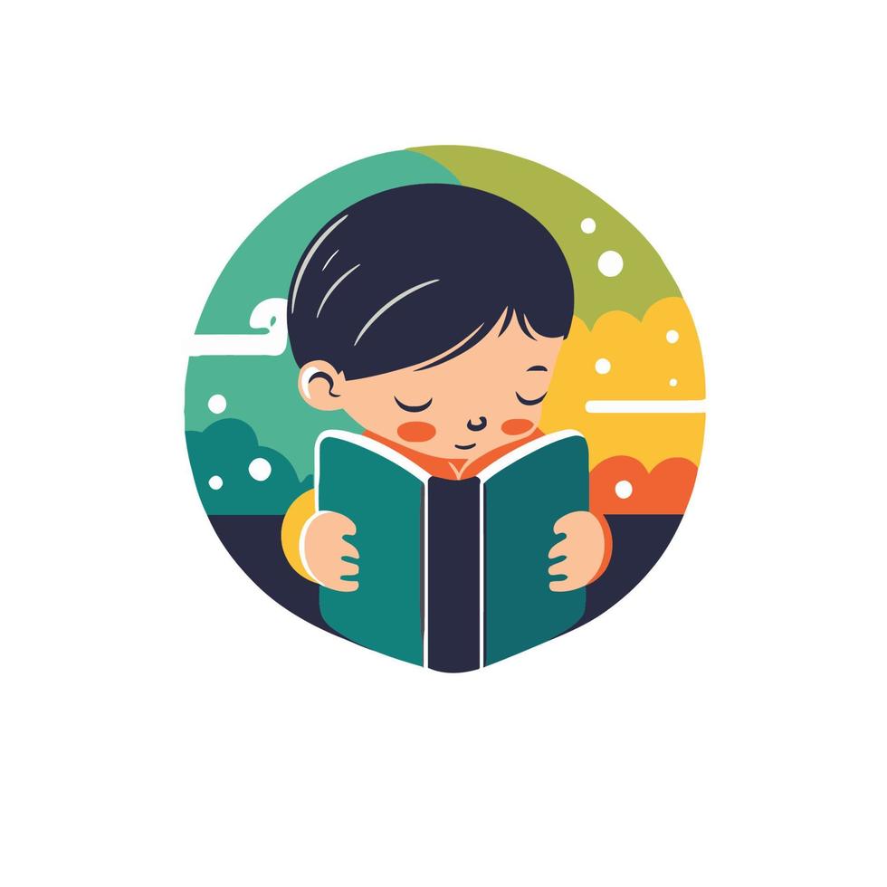 liten pojke unge läsning bok logotyp ikon i platt vektor design