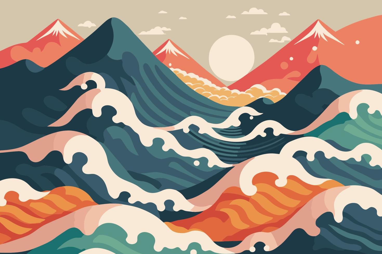 stor hav Vinka med Sol affisch i japansk stil vektor illustration