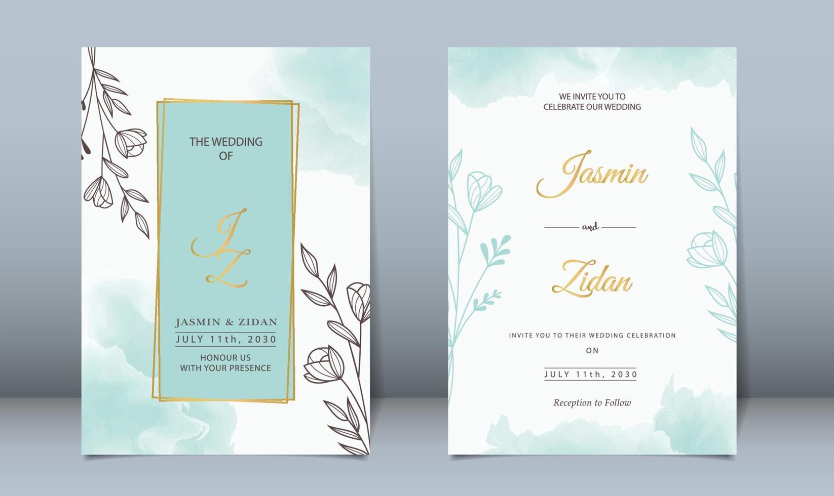 lyx bröllop inbjudan linje stil minimalistisk blommig premie vektor med vattenfärg bakgrund