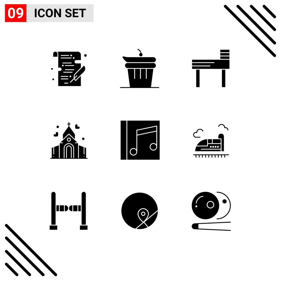 9 användare gränssnitt fast glyf packa av modern tecken och symboler av musik album stol hus kärlek redigerbar vektor design element