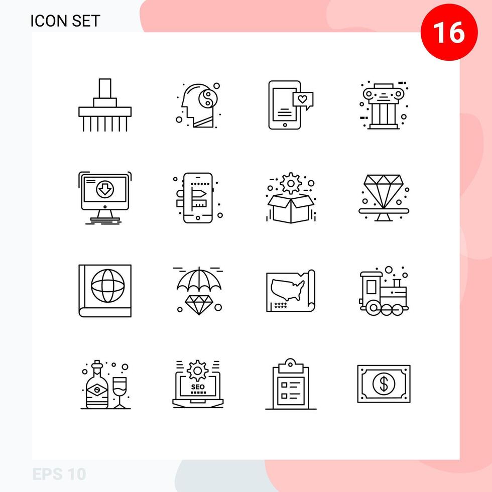 moderner Satz von 16 Umrissen Piktogramm der Geschichte alte Gedankensäule Liebe Chat editierbare Vektordesign-Elemente vektor