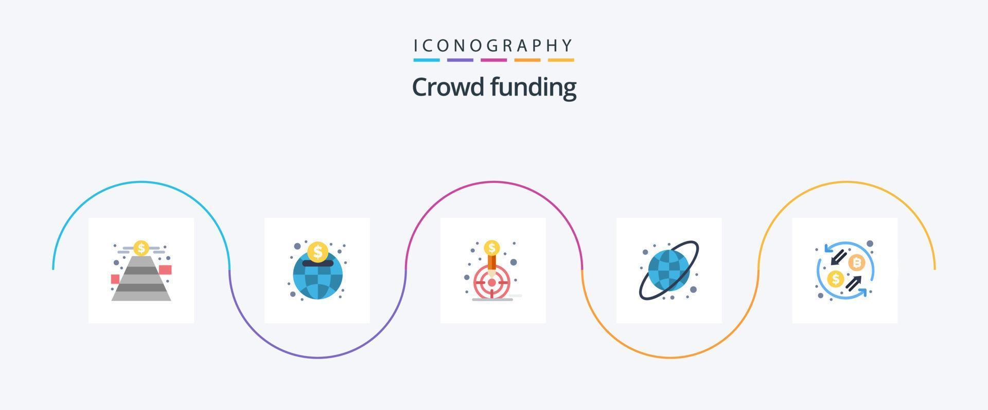 crowdfunding platt 5 ikon packa Inklusive valuta utbyta. jord klot. finansiera. cirkulär rutnät. mål vektor