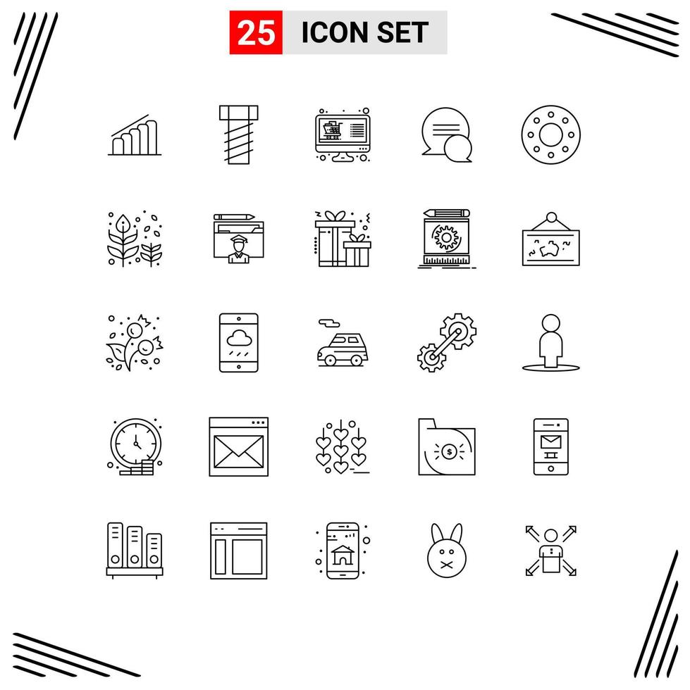 Stock Vector Icon Pack mit 25 Linienzeichen und Symbolen für Herbst Donuts Shop Donut Konversation editierbare Vektordesign-Elemente
