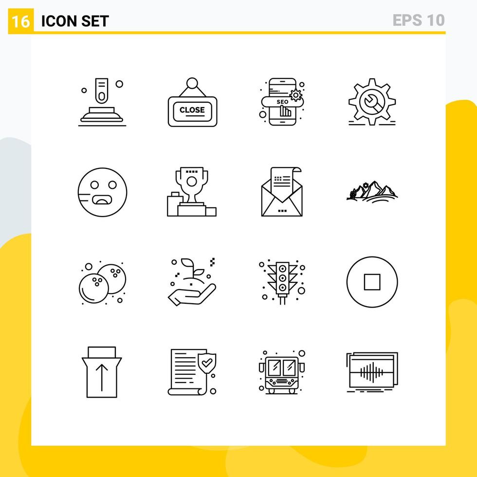 stock vektor ikon packa av 16 linje tecken och symboler för hungrig emojis marknadsföring konfiguration hjul redigerbar vektor design element