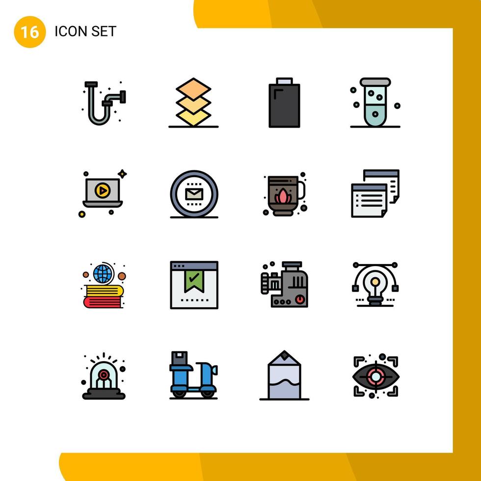 Stock Vector Icon Pack mit 16 Zeilenzeichen und Symbolen für Video-Laptop-Elektrolaborblut editierbare kreative Vektordesign-Elemente