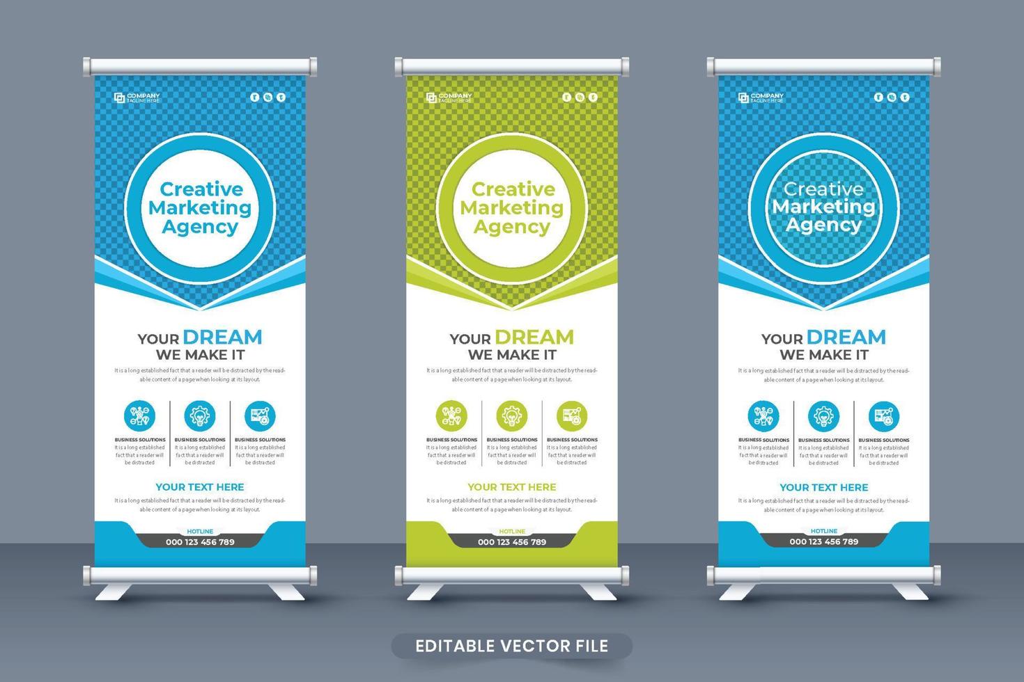 Standee der kreativen Marketingagentur Roll-up-Banner-Vektor mit aquafarbenen und grünen Farben. geschäftsförderung und präsentationsbannerdesign für das marketing. unternehmenswerbung roll-up-banner-design. vektor