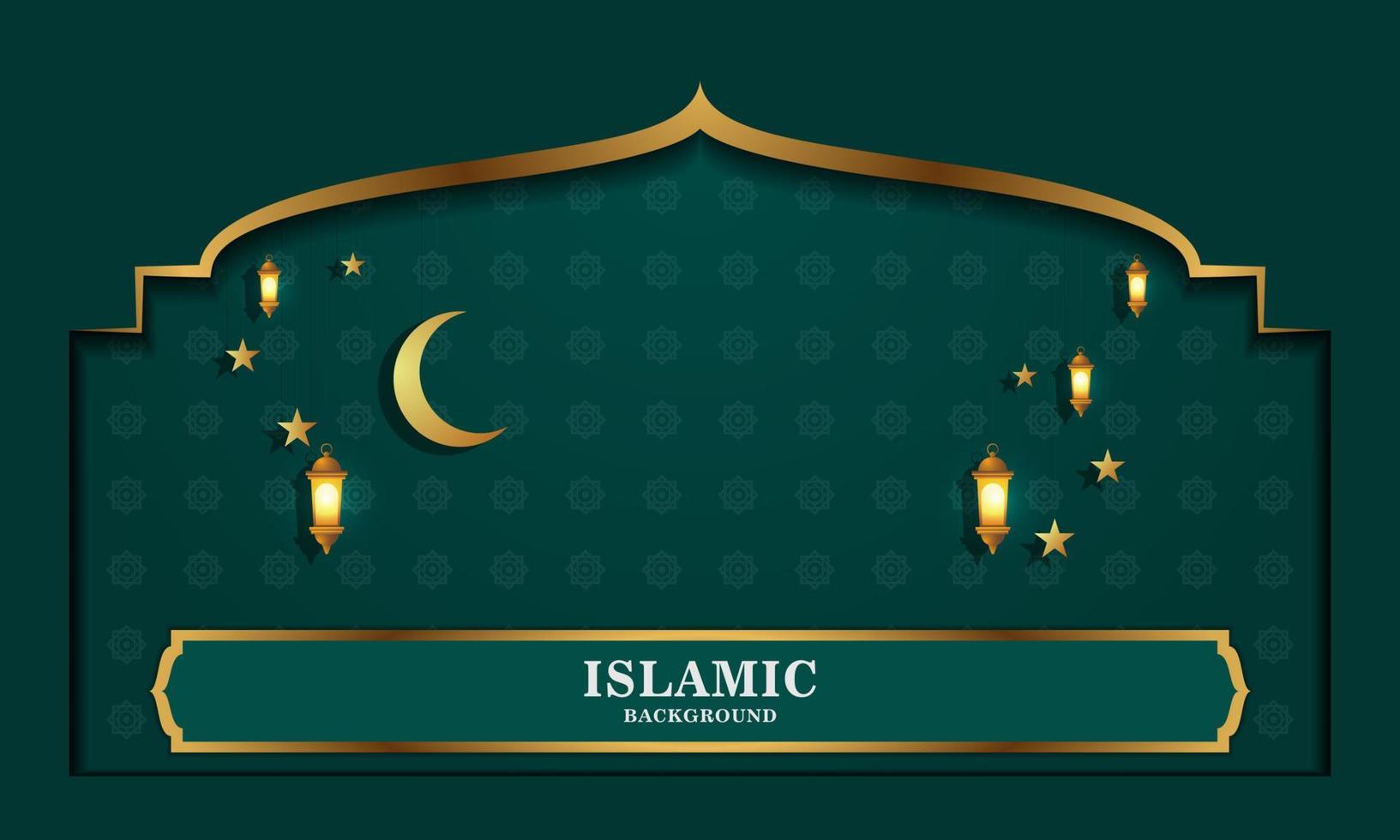 moderner und eleganter grüner islamischer hintergrund mit lichtern und mondsternen vektor