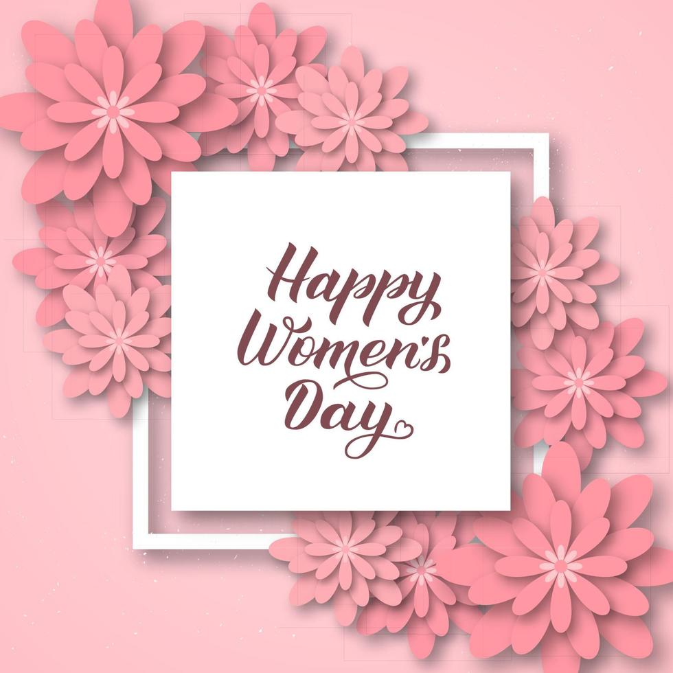 Lycklig kvinnor dag kalligrafi text med rosa origami blommor. papper skära stil vektor illustration. internationell kvinnor dag affisch, baner, fest inbjudningar, hälsning kort, etc.