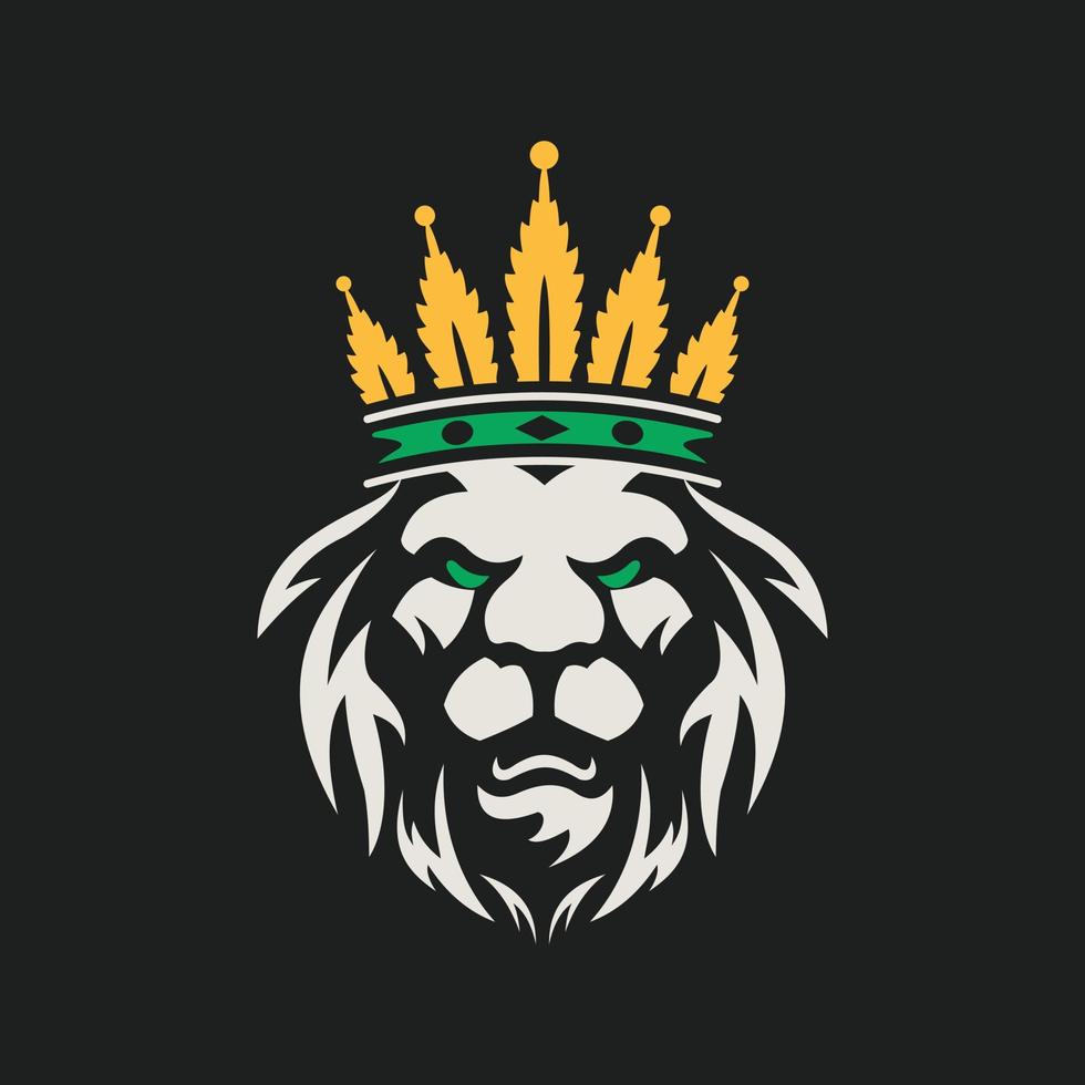 lejon logotyp. leo ansikte med guld Färg marijuana krona. kunglig katt ikon. vektor illustration.