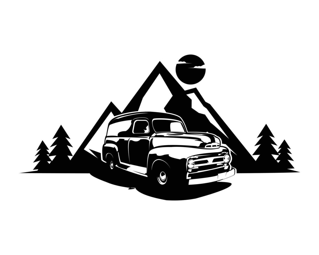 klassisches Kastenwagen-Logo auf weißem Hintergrund, von der Seite gesehen mit atemberaubendem Bergblick. perfekt für Abzeichen, Embleme, Symbole, Aufkleberdesigns und die LKW-Industrie. vektor