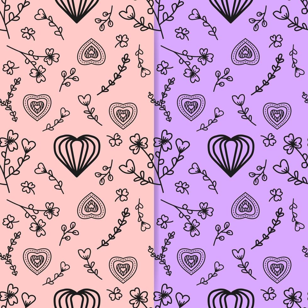 Strichzeichnung von Herzform und niedlichem Blumenschmuck auf zweifarbigem Hintergrund. nahtlose Muster-Vektor-Illustration. geeignet für Valentinstagskarten, Geschenkpapier, Textilien vektor