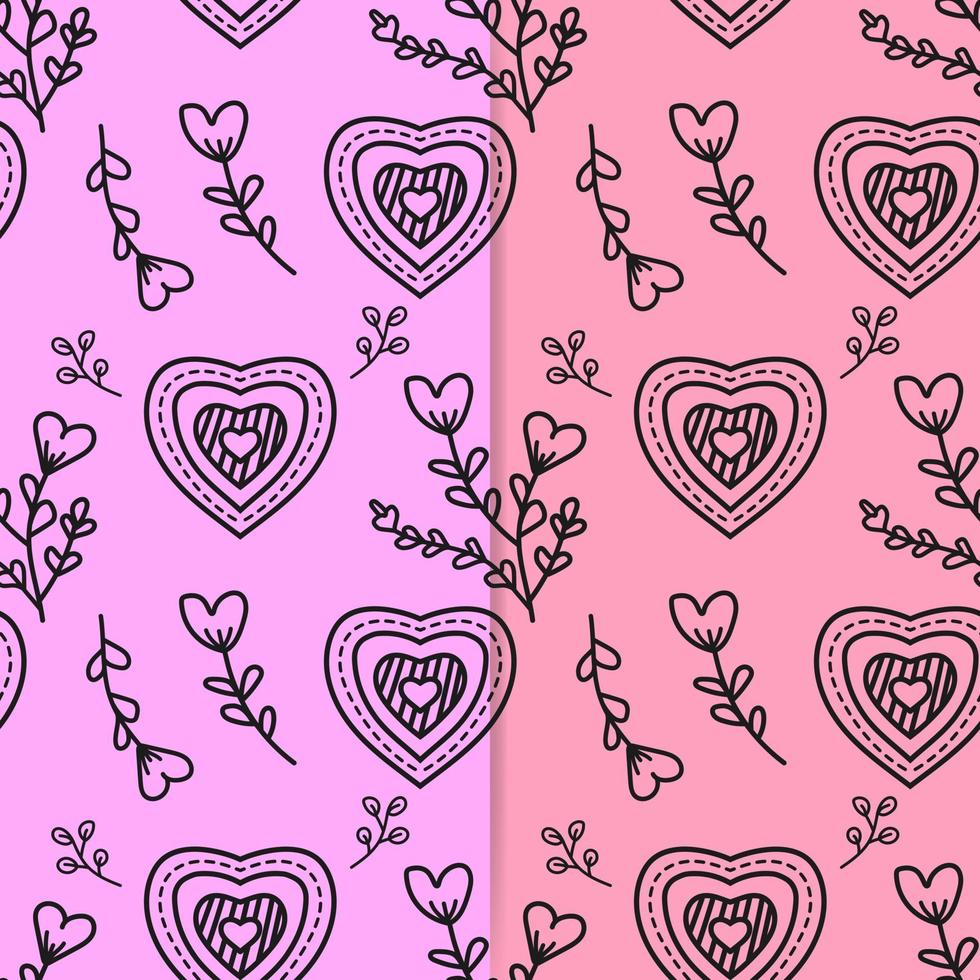 Strichzeichnung von Herzform und niedlichem Blumenschmuck auf zweifarbigem Hintergrund. nahtlose Muster-Vektor-Illustration. geeignet für Valentinstagskarten, Geschenkpapier, Textilien vektor