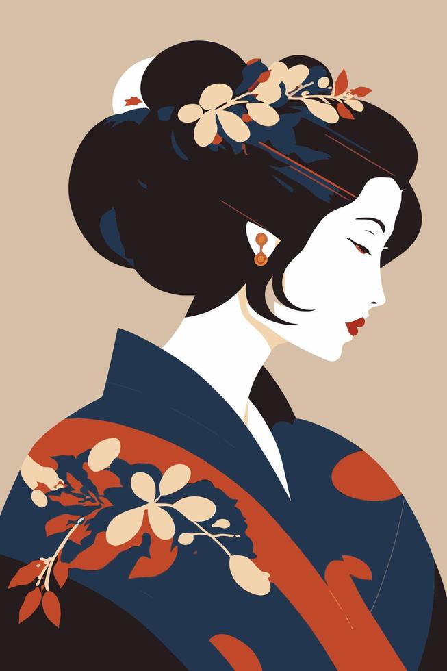 porträtt japansk geisha i kimono, japan kvinna i traditionell blommig prydnad vektor