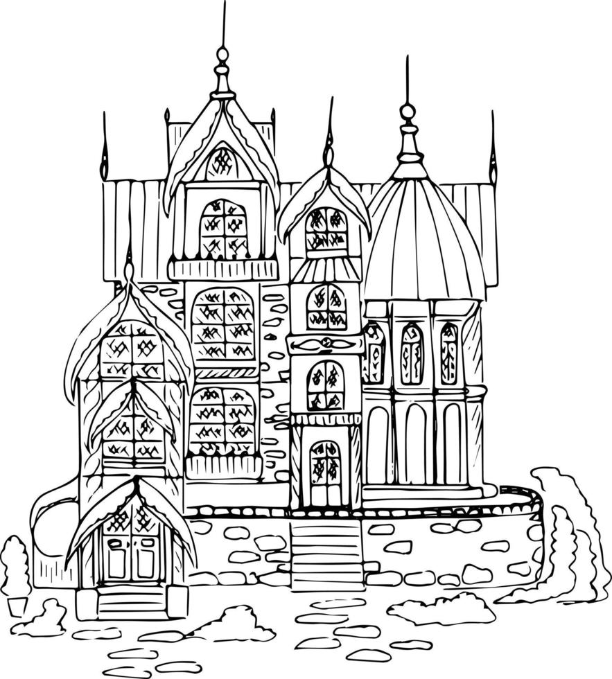 skizze eines alten archetyps eines hauses. landschaft des dorfes und der stadt in tinte. vektor